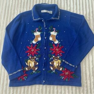 Ugly Christmas Sweater Blue Holiday Cardigan Beading Patchwork‎ Vintage